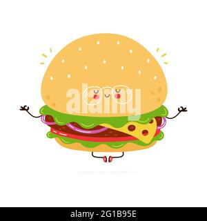 Cute funny burger in glasses character meditate. Vector hand drawn cartoon kawaii character illustration icon. Isolated on white background. Burger character concept Stock Vector