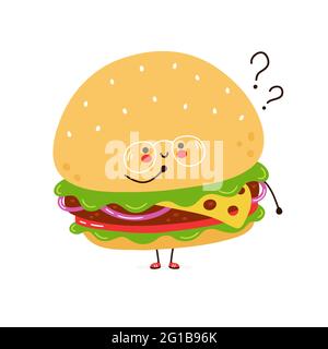 Cute funny burger in glasses character with question marks. Vector hand drawn cartoon kawaii character illustration icon. Isolated on white background. Burger character concept Stock Vector