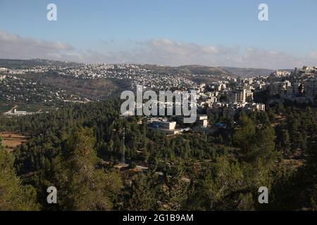 Biblical Judean Hills seen from the Jerusalem forest with Pine Trees,  Har Nof, Jerusalem neighborhood on the right, plus towns Motza & Mevaseret Zion Stock Photo