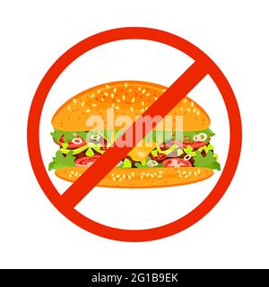 No fast food sign isolated on white background. Hamburger inside red banned sign. Fast food danger label. Unhealthy eating concept.Vector illustration Stock Vector