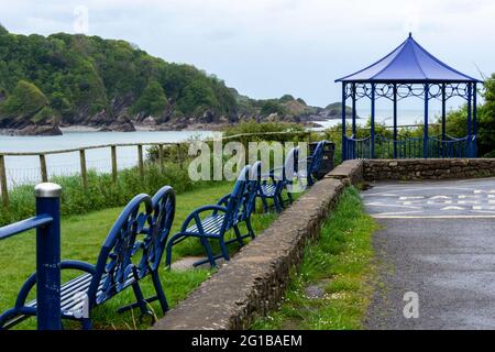 A view of Combe Martin, Devon from the cliff top overlooking the beach below Stock Photo