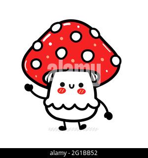 Cute funny happy amanita mushroom. Vector hand drawn cartoon kawaii character illustration icon. Isolated on white background. Funny amanita mushroom mascot character concept Stock Vector