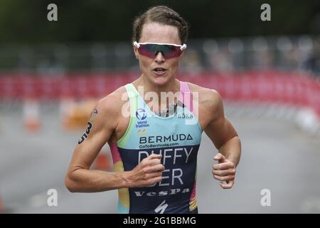 Leeds, UK. 06th June, 2021. Flora Duffy in action during the AJ Bell 2021 World Triathlon Series in Roundhay Park, Leeds. Credit: SPP Sport Press Photo. /Alamy Live News Stock Photo