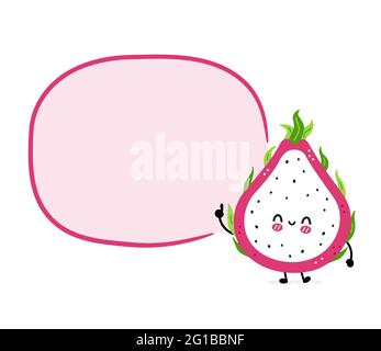 Cute funny dragon fruit with speech bubble. Vector hand drawn cartoon kawaii character illustration icon. Isolated on white background. Dragon fruit, exotic food character concept Stock Vector