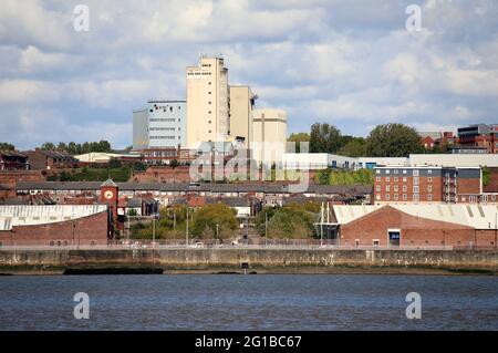 ADM Milling on the south Liverpool skyline viewed from the River Mersey Stock Photo