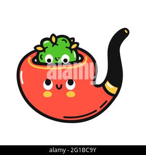 Cute funny happy smoking pipe with weed bud. Vector hand drawn cartoon kawaii character illustration icon. Isolated on white background. Smoking pipe and cannabis marijuana mascot character concept Stock Vector