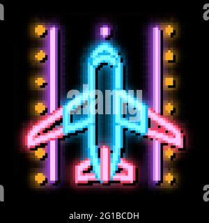 Airplane On Runway Airport neon glow icon illustration Stock Vector