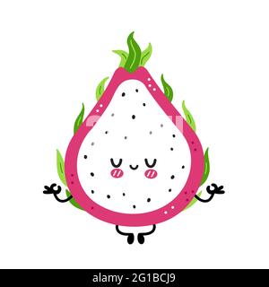 Cute funny dragon fruit meditate in yoga pose. Vector hand drawn cartoon kawaii character illustration icon. Isolated on white background. Dragon fruit, exotic food character concept Stock Vector