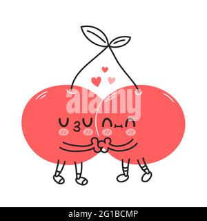 Cute funny cherry berry couple. Vector hand drawn cartoon kawaii doodle character illustration icon. Cherry berry fruit baby mascot cartoon character concept. Isolated on white background Stock Vector