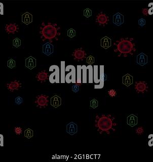 Vector illustration futuristic coronavirus covid-19 pandemic lock concept with different colored locks and virus cells on black background concept sec Stock Vector