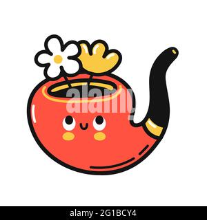 Cute funny happy smoking pipe with flowers. Vector hand drawn cartoon kawaii character illustration icon. Isolated on white background. Smoking pipe mascot character concept Stock Vector
