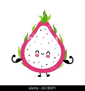 Cute funny dragon fruit show muscle. Vector hand drawn cartoon kawaii character illustration icon. Isolated on white background. Dragon fruit, exotic food character concept Stock Vector