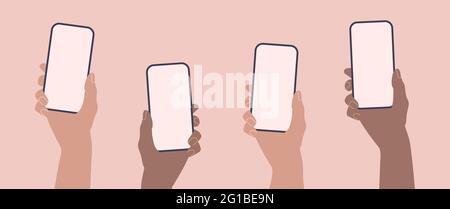 Hands holding phones. Flat smartphone with empty screen template. Stock Vector