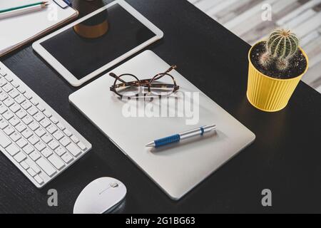 From above of netbook with eyeglasses and pen between potted cactus and mouse on desk in workspace Stock Photo