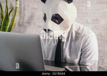 Anonymous male entrepreneur in panda bear mask and white shirt working at table with netbook in workspace Stock Photo