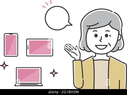 The woman wearing ordinary clothes explaining handheld devices. Vector illustration isolated on white background. Stock Vector
