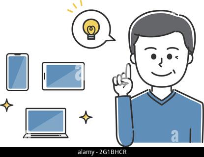 Man explaining handheld devices. Vector illustration isolated on white background. Stock Vector