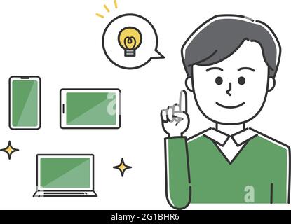 Young man explaining handheld devices. Vector illustration isolated on white background. Stock Vector