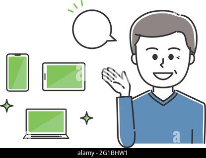 Man wearing ordinary clothes explaining handheld devices. Vector illustration isolated on white background. Stock Vector