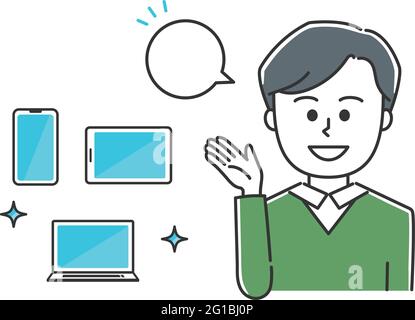 Man wearing ordinary clothes explaining handheld devices. Vector illustration isolated on white background. Stock Vector