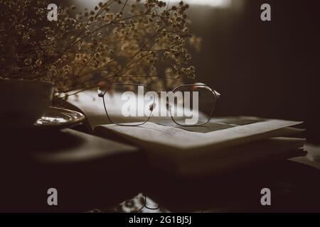 Eyewear on open textbook against ceramic saucer with cup and dried plant on table in house Stock Photo