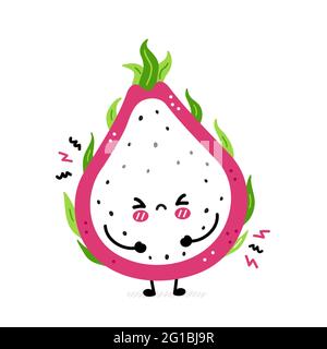 Cute funny sad dragon fruit. Vector hand drawn cartoon kawaii character illustration icon. Isolated on white background. Dragon fruit, exotic food character concept Stock Vector
