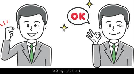 Office worker wearing a suit raising his fist and making an OK sign. Stock Vector