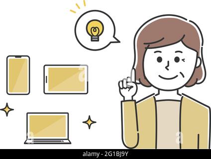 A woman explaining handheld devices. Vector illustration isolated on white background. Stock Vector
