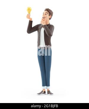 3d cartoon man looking at light bulb, illustration isolated on white background Stock Photo