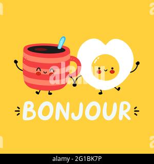 Cute funny happy coffee mug and fried egg character. Bonjour french quote. Vector hand drawn cartoon kawaii character illustration icon. France good morning card, banner concept Stock Vector