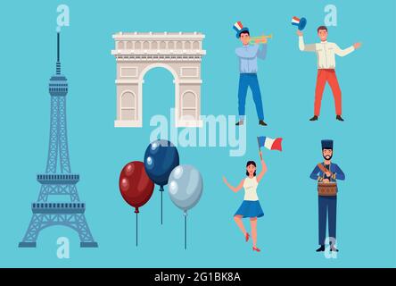 seven bastille day icons Stock Vector