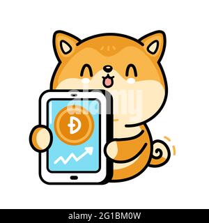 Cute funny akita inu dog with Dogecoin in smartphone character. Vector hand drawn cartoon kawaii character illustration. Isolated on white background. Cryptocurrency, dogecoin grow doodle character Stock Vector