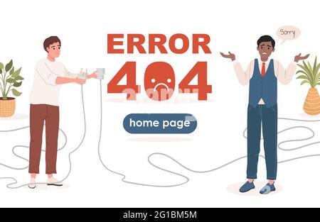 Error 404 landing page vector flat template with text space. Man holding unplugged cable, another man saying sorry. Confuse and disappointed male characters. Page not found website concept. Stock Vector