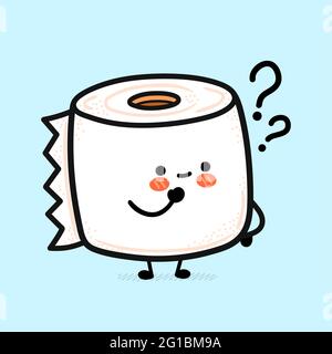 Cute funny happy white toilet paper roll with question marks. Vector hand drawn cartoon kawaii character illustration icon. Funny cartoon toilet paper mascot character concept Stock Vector