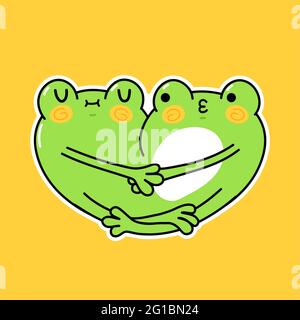 Cute funny frogs couple hugs. Vector hand drawn cartoon kawaii character illustration sticker set. Funny cartoon two toad frog mascot character concept Stock Vector