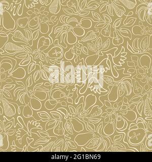 Design inspired by continuous line art: organic shapes of pears, leaves and flying birds. Calming neutral shades give a loving nod to nature. Stock Vector