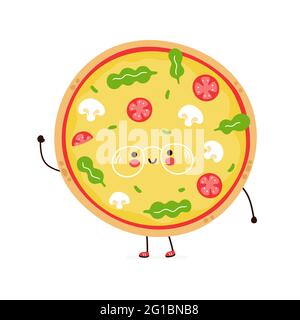 Cute funny pizza in glasses character. Vector hand drawn cartoon kawaii character illustration icon. Isolated on white background. Pizza character concept Stock Vector