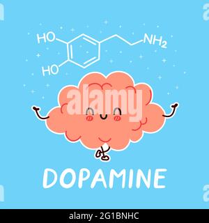 Cute funny human brain organ character and dopamine formula. Vector hand drawn cartoon kawaii character illustration icon. Brain, dopamine cartoon character medical concept Stock Vector