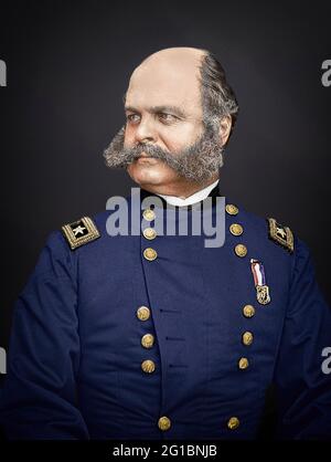 Colorized, vintage American Civil War photograph of Lt. General Ambrose Burnside. Known for a battle at (Burnside) bridge in Antietam, Maryland.. Stock Photo
