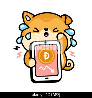 Cute sad cry akita inu dog with Dogecoin down chart in smartphone phone character. Vector hand drawn cartoon kawaii character illustration. Crypto finance, dogecoin falling in charts doodle character Stock Vector