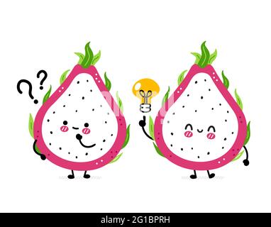 Cute funny dragon fruit with question mark and idea lightbulb. Vector hand drawn cartoon kawaii character illustration icon. Isolated on white background. Dragon fruit, exotic food character concept Stock Vector