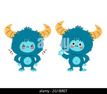 Cute funny sad and happy yeti monster character. Vector hand drawn cartoon kawaii character illustration icon. Isolated on white background. Yeti, Bigfoot baby cartoon character concept Stock Vector