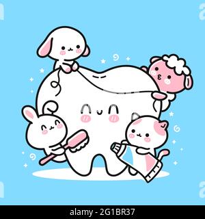 Cute funny animals clean tooth with toothbrush, toothpaste and dental floss. Vector hand drawn cartoon kawaii character illustration icon. Puppy dog, kittie cat,lamb,rabbit clean teeth kids concept Stock Vector