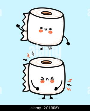 Cute funny happy and sad white toilet paper roll. Vector hand drawn cartoon kawaii character illustration icon. Funny cartoon toilet paper mascot character concept Stock Vector