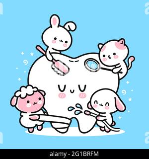 Cute funny animals dentists cleaning patient tooth. Vector hand drawn cartoon kawaii character illustration icon. Puppy dog, kittie cat,lamb,rabbit clean teeth kids concept Stock Vector