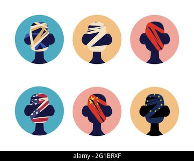 Avatar profile, illustration icon set. Silhouette with no gender representation, heads with bandage. Vector illustration. Stock Vector