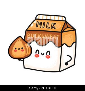 Cute funny buckwheat milk box hold groat. Vector hand drawn cartoon kawaii character illustration icon. Isolated on white background. Buckwheat milk paper box mascot character concept Stock Vector