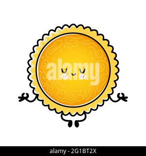 Cute funny Sun meditate in yoga pose. Vector hand drawn cartoon kawaii character illustration icon. Isolated on white background. Sun mascot character concept Stock Vector