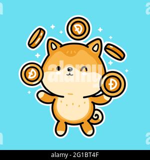 Cute funny akita inu dog juggle gold Dogecoin coins character. Vector hand drawn cartoon kawaii character illustration. Crypto currency, dogecoin digital money character concept Stock Vector