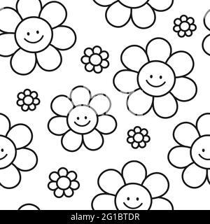 Cute funny smile flowers seamless pattern. Vector flat cartoon kawaii character illustration icon design. Positive smile flowers seamless pattern coloring page concept Stock Vector